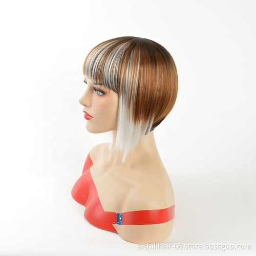 Wholesale Synthetic wigs short Silky straight blend color gold and brown and silver gray Wig for black women